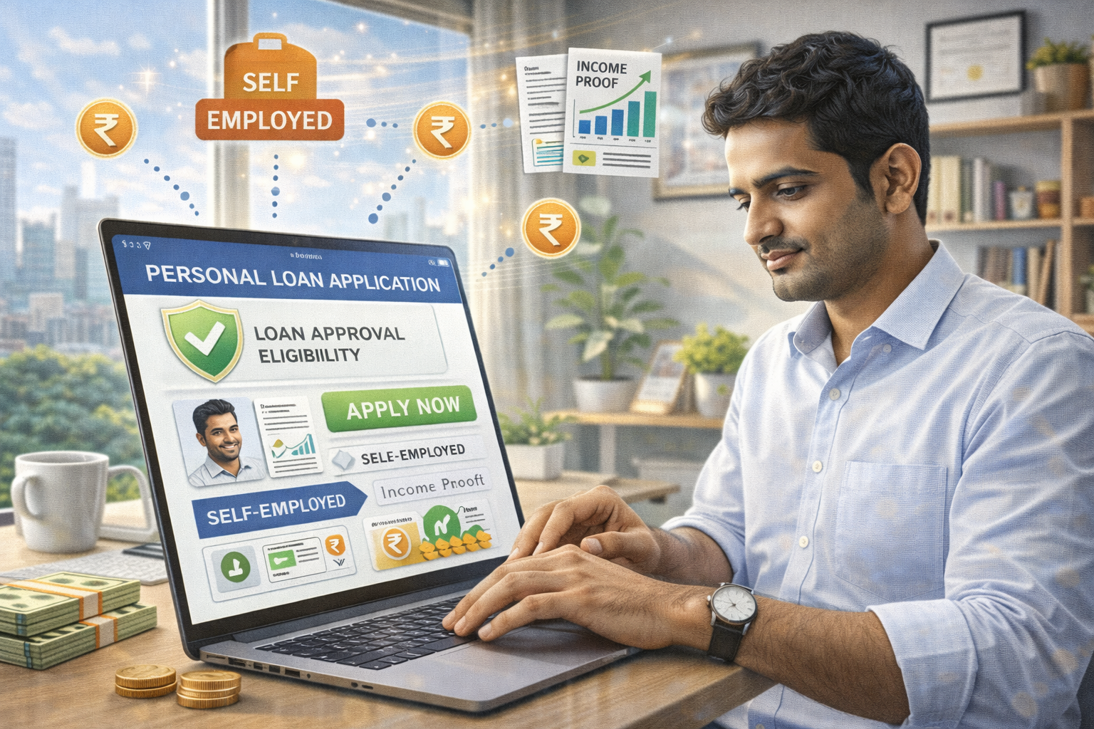 Self employed professional in India applying for loan online using laptop